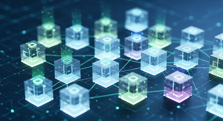 Innovative data blocks and ai interaction digital space graphic design futuristic environment aerial view conceptual technology