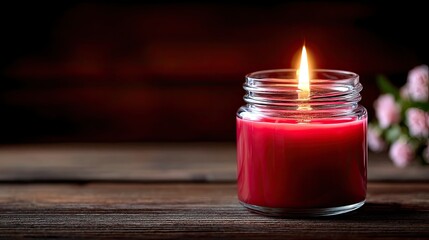 Red Candle Glowing Brightly in Dim Light on Rustic Wooden Table with Dark Background and Pink Flowers Creating a Warm and Intimate Atmosphere