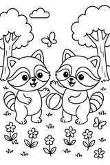 Adorable raccoon friends playing with a ball in a nature landscape scene