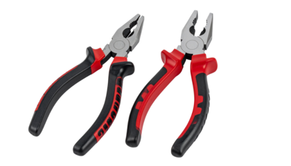 Red steel pliers tool with black handles isolated on a white background