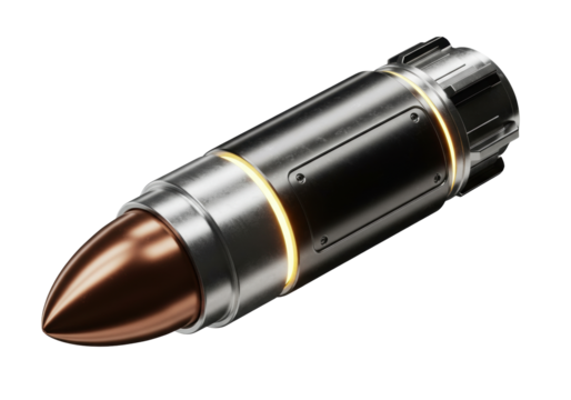 Isolated futuristic bullet projectile with sleek metallic casing and glowing energy lines a powerful weapon concept military defense illustration