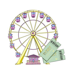 A vibrant Ferris wheel at an amusement park, with colorful cabins set against a clear blue sky, captures the joy and excitement of a funfair, enticing visitors for a thrilling ride and scenic views