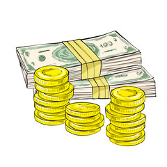 Hand-drawn illustration of cash. Stacks of bundled banknotes and piles of gold coins. A symbol of wealth, finance, savings, and profit. Isolated on a white background. Vector style drawing.