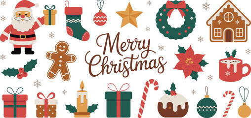 Merry Christmas holiday collection, festive Santa Claus, gifts, gingerbread, decorations, wreath, ornaments, candy cane, candle, hot cocoa, winter celebration