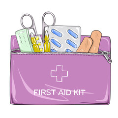 Illustration of an open purple first aid kit with scissors, bandages, pills, capsules, and medical supplies. Ideal for health, safety, and emergency preparedness concepts.
