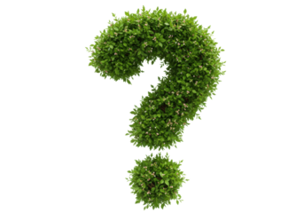 Isolated question mark symbol crafted from vibrant green foliage and delicate pink blossoms representing nature growth and curiosity