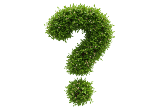 Isolated question mark symbol crafted from vibrant green foliage and delicate pink blossoms representing nature growth and curiosity - Powered by Adobe