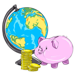 A pink piggy bank with a world globe and stacks of gold coins. Concept for global economy, international savings, or a travel fund. Cartoon-style illustration isolated on a white background
