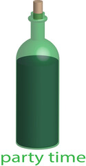 Green bottle with cork and liquid says party time on white background