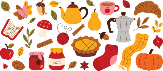 Autumn season elements collection, pumpkin, pie, tea, coffee, cozy scarf, fall leaves, apple, jam, mushroom, warm seasonal illustration