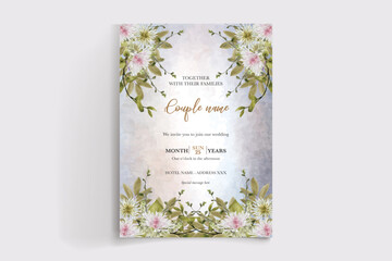 WEDDING INVITATION FRAME WITH FLOWER DECORATIONS AND FRESH LEAVES