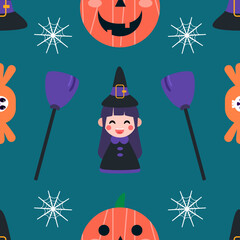 A seamless Halloween pattern featuring pumpkins, bats, ghosts, and spooky elements in festive colors. Perfect for seasonal backgrounds and decorations.