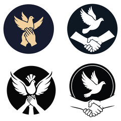 Vector art of collection of peace and agreement logos with dove and handshake symbols