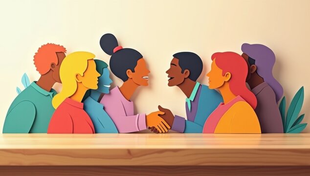 Ilustraci&oacute;n recortada en papel. Concepto de reclutamiento inclusivo con figuras humanas coloridas formando un apret&oacute;n de manos sobre un escritorio