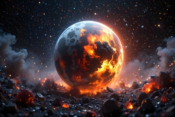 Fiery planet in space with burning surface and debris field in the foreground