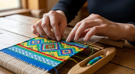 Crafting colorful textiles handmade weaving studio setting artisanal craft close-up view traditional techniques