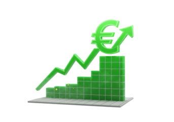 Isolated green euro currency symbol with rising bar chart and upward trend line depicting financial growth and economic prosperity