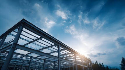 Steel building framework against a bright blue sky with clouds symbolizing construction and development
