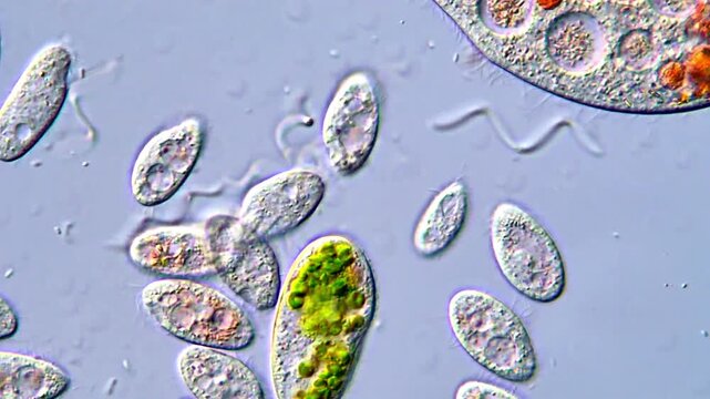 Movement of protozoa microorganism under microscope 