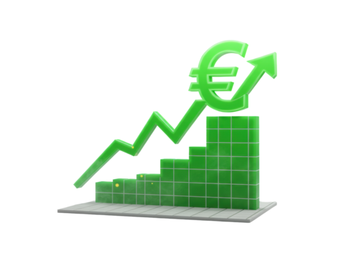 Isolated green euro currency symbol with rising bar chart and upward trend line depicting financial growth and economic prosperity