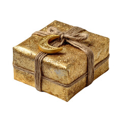 Decorative gift box wrapped in golden paper with ribbon isolated on transparent background for festive celebrations