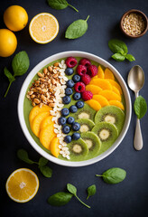 Photo superfood smoothie bowl, fresh ingredients, top-down food photography, natural light