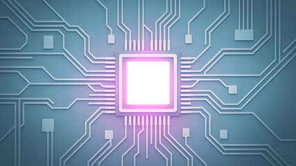 Modern electronic circuit board with chip and glowing center element digital technology background for data and communication future innovative ideas