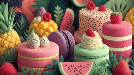 Whimsical dessert land of sculpted sweets, fruits, and pastel macarons