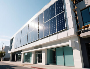 Solar panels installed on the facade of a modern commercial building in a city.