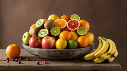 A vibrant assortment of fresh fruits, including oranges, grapefruits, kiwis, apples, limes, lemons, and bananas, artfully arranged in a rustic bowl on a wooden surface.