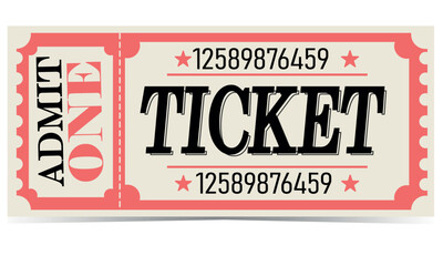 Coupon, vintage coral ticket for one person drawing without background, with shadow. Ticket template vector, with perforation for cinema, circus, concerts, invitations.