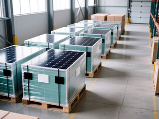 Pallets of new solar panels wrapped in plastic are stored in a bright modern warehouse.