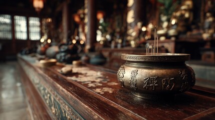 Incense burning inside traditional buddhist temple, serene spiritual atmosphere