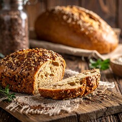 Sliced whole grain bread on rustic wooden board