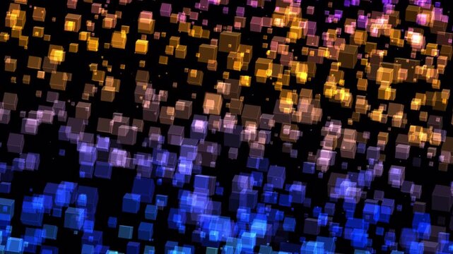 Large pixelated abstract collection translucent colorful cubes on a dark backdrop. Perfect for modern digital art designs and backgrounds. Great for techthemed projects.