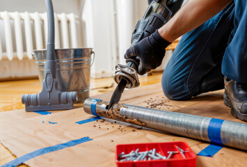 A tradesperson cuts a rusty metal pipe with a reciprocating saw in a room under renovation.