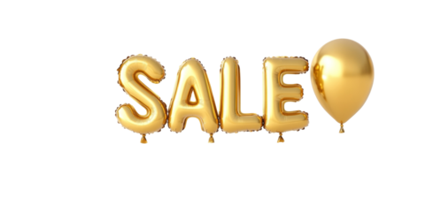 Gold foil balloon letters spelling sale with gold balloon on black background