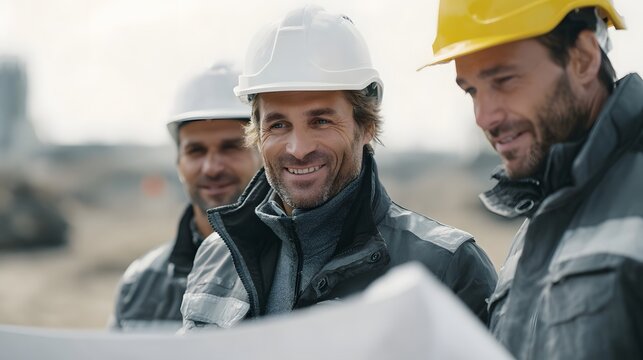 Three construction workers in safety gear and hard hats discussing blueprints at an outdoor project site