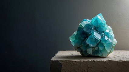 A close up of blue aragonite crystal cluster on a textured surface display piece
