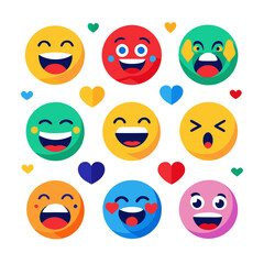 Collection of expressive emoji faces with colorful hearts around