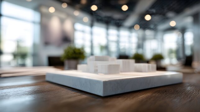 A detailed white architectural model is showcased on a wooden office table with a blurred modern background