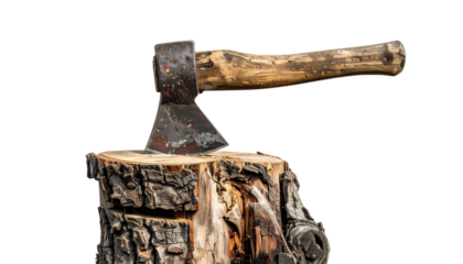 A woodcutting scene with an axe stuck in a log or stump