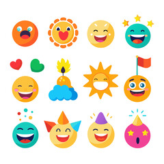 Variety of colorful expressive emoji characters and festive accessories