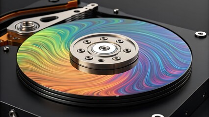 Close-up of a hard drive platter displaying a vibrant rainbow spectrum of colors