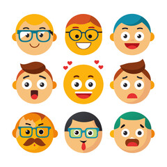 Collection of colorful cartoon style emoji faces expressions