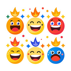 Colorful emoji faces with flame accents, playful expression