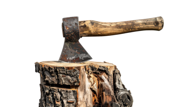 A woodcutting scene with an axe stuck in a log or stump