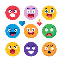 Collection of flat emoji icons with various facial expressions