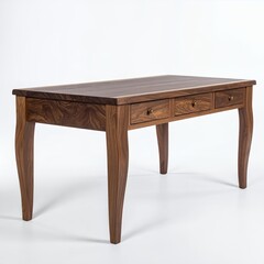 Elegant wooden desk with curved legs and drawers set against a white backdrop