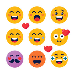 Collection of cheerful and diverse emoji expressions with hearts